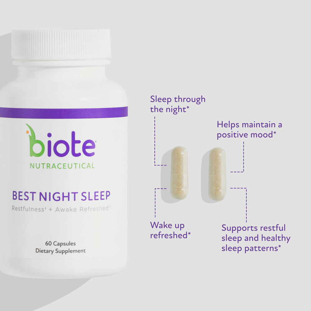 Biote Best Night's Sleep on nightstand with glass for restful nights.