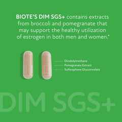Biote DIM SGS+ bottle on a clean counter suggests detox support.