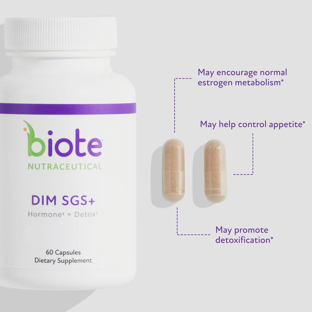 Biote DIM SGS+ capsules close-up for everyday hormone balance.