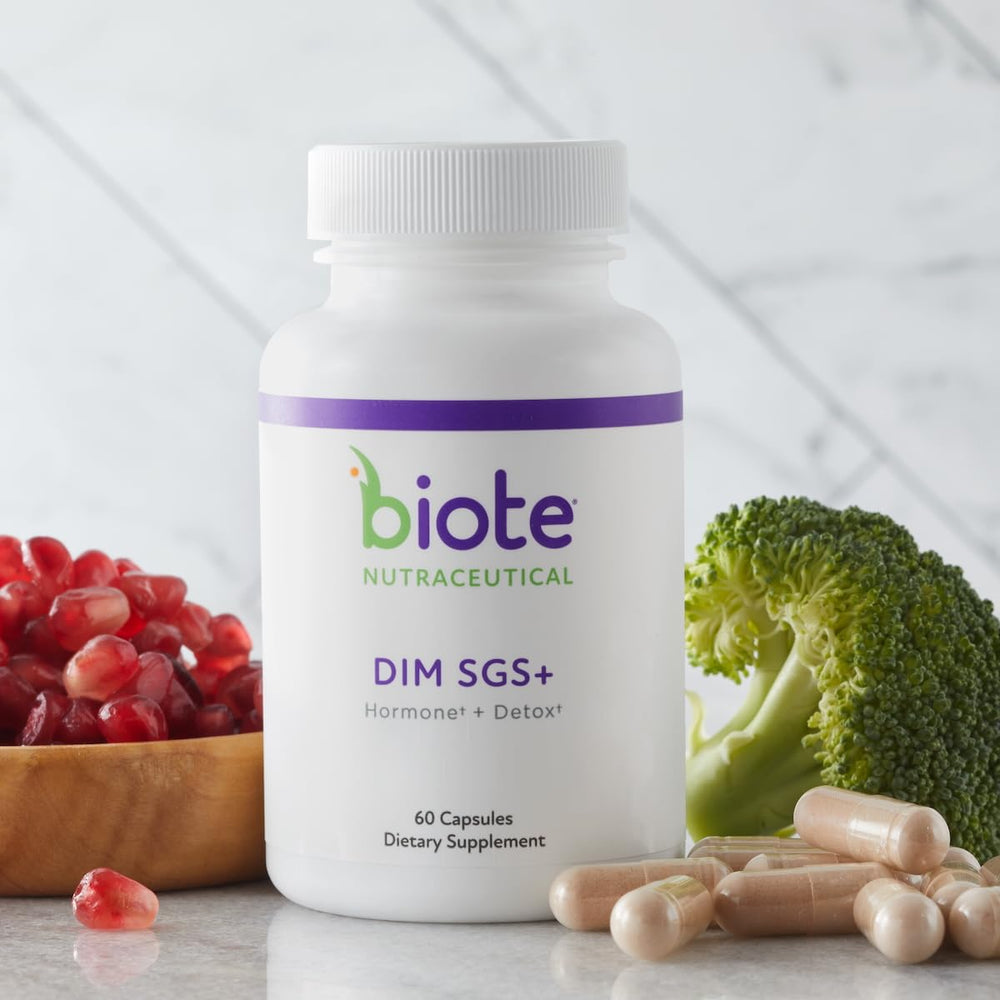 Biote DIM SGS+ label close-up shows patented bioavailable complex.