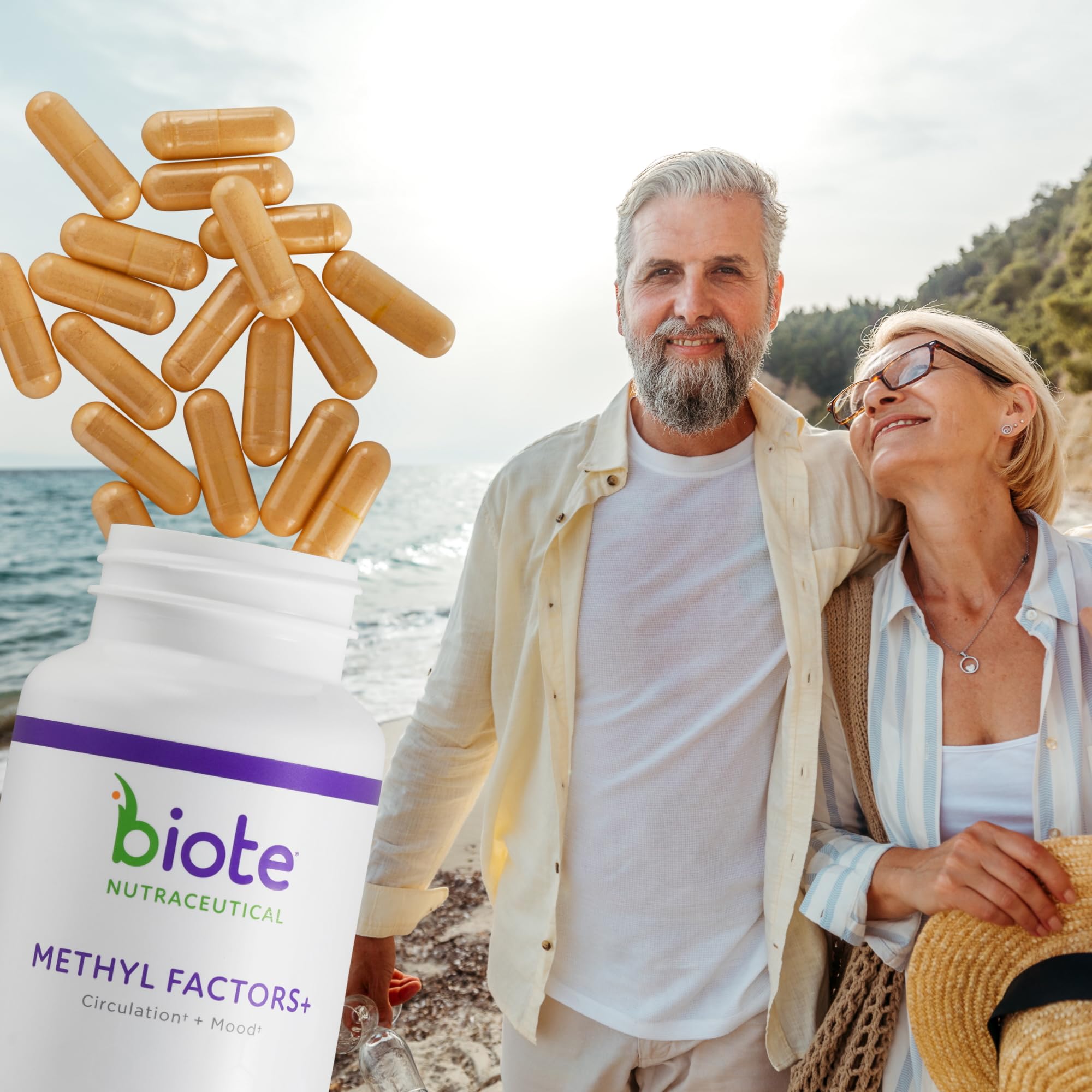 Biote Methyl Factors+ capsules close-up illustrates quality for daily methylation support.
