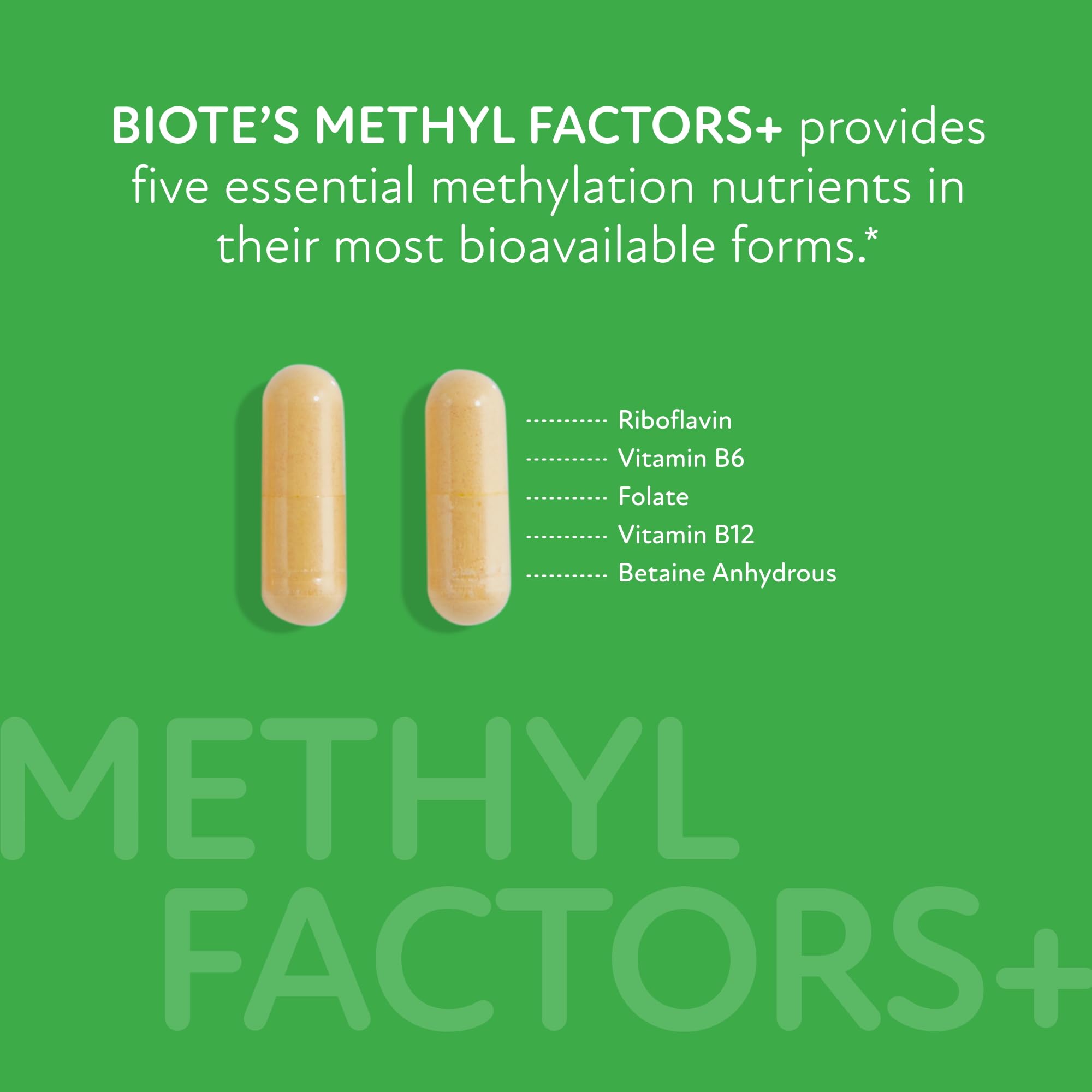 Biote Methyl Factors+ label close-up highlights purity and heart-supporting ingredients.