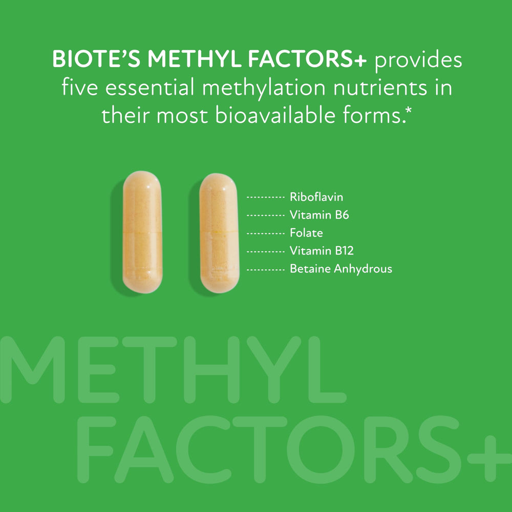 Biote Methyl Factors+ label close-up highlights purity and heart-supporting ingredients.