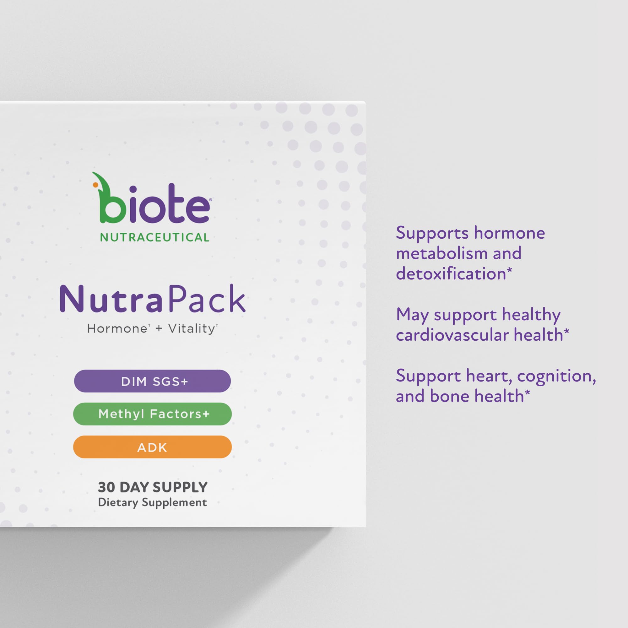 Biote NutraPack label close-up highlighting ingredients and dosage.