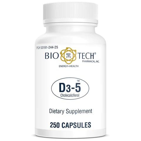 Bio-Tech Pharmacal D3-5 5000 IU bottle with easy-to-swallow capsules for daily use.