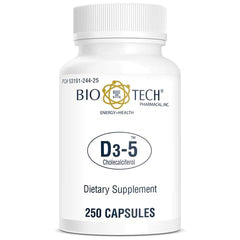 Bio-Tech Pharmacal D3-5 5000 IU bottle with easy-to-swallow capsules for daily use.