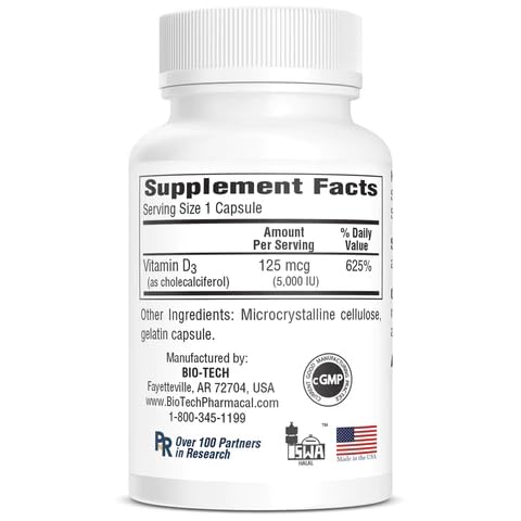 Bio-Tech Pharmacal D3-5 capsules close-up showing natural vitamin D3 in each dose.
