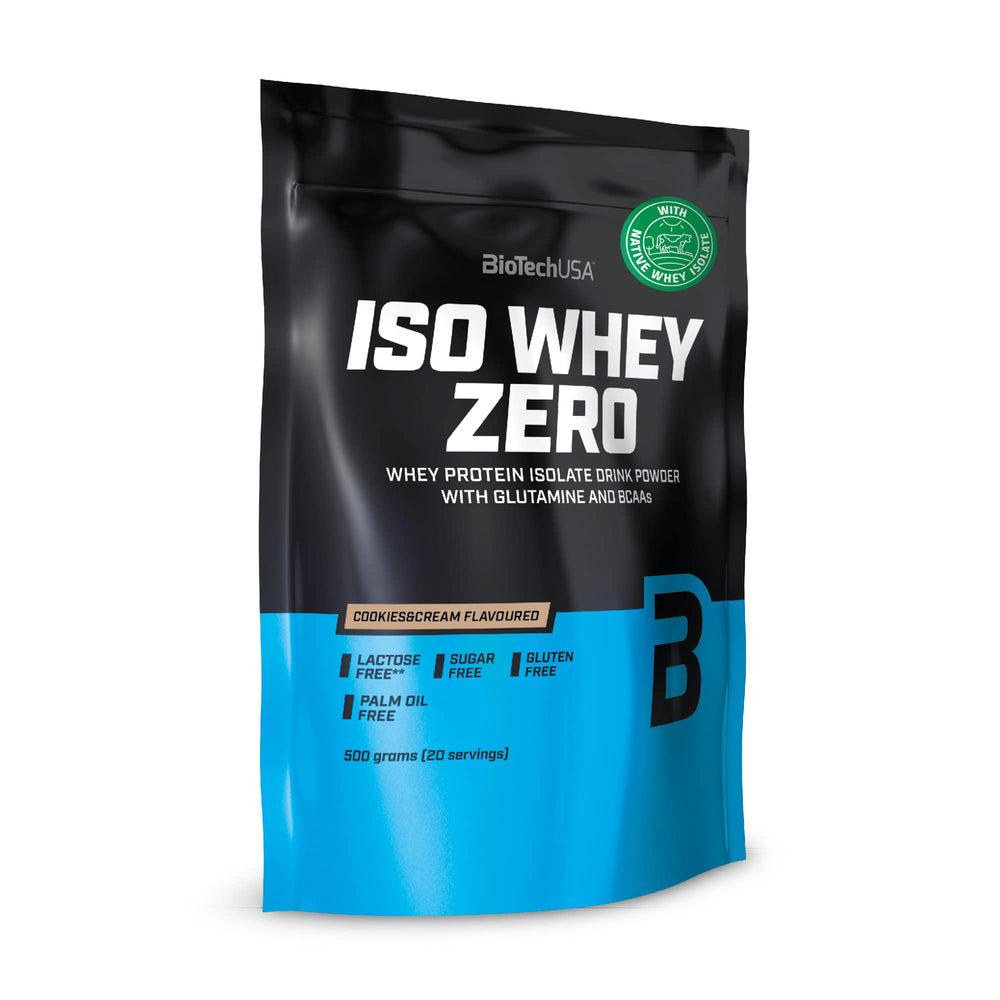 BioTechUSA Iso Whey Zero Cookies & Cream bag for post-workout protein support.