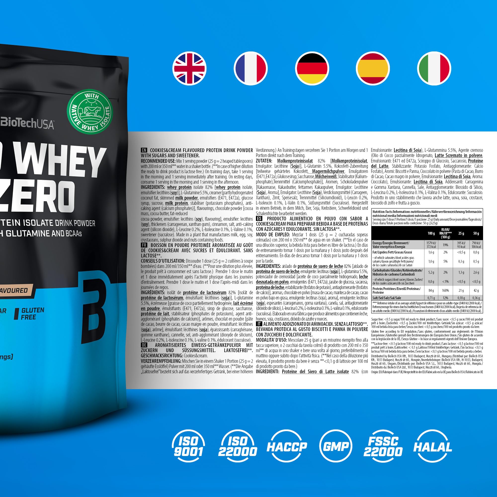 BioTechUSA Iso Whey Zero Cookies & Cream shake glass close-up.
