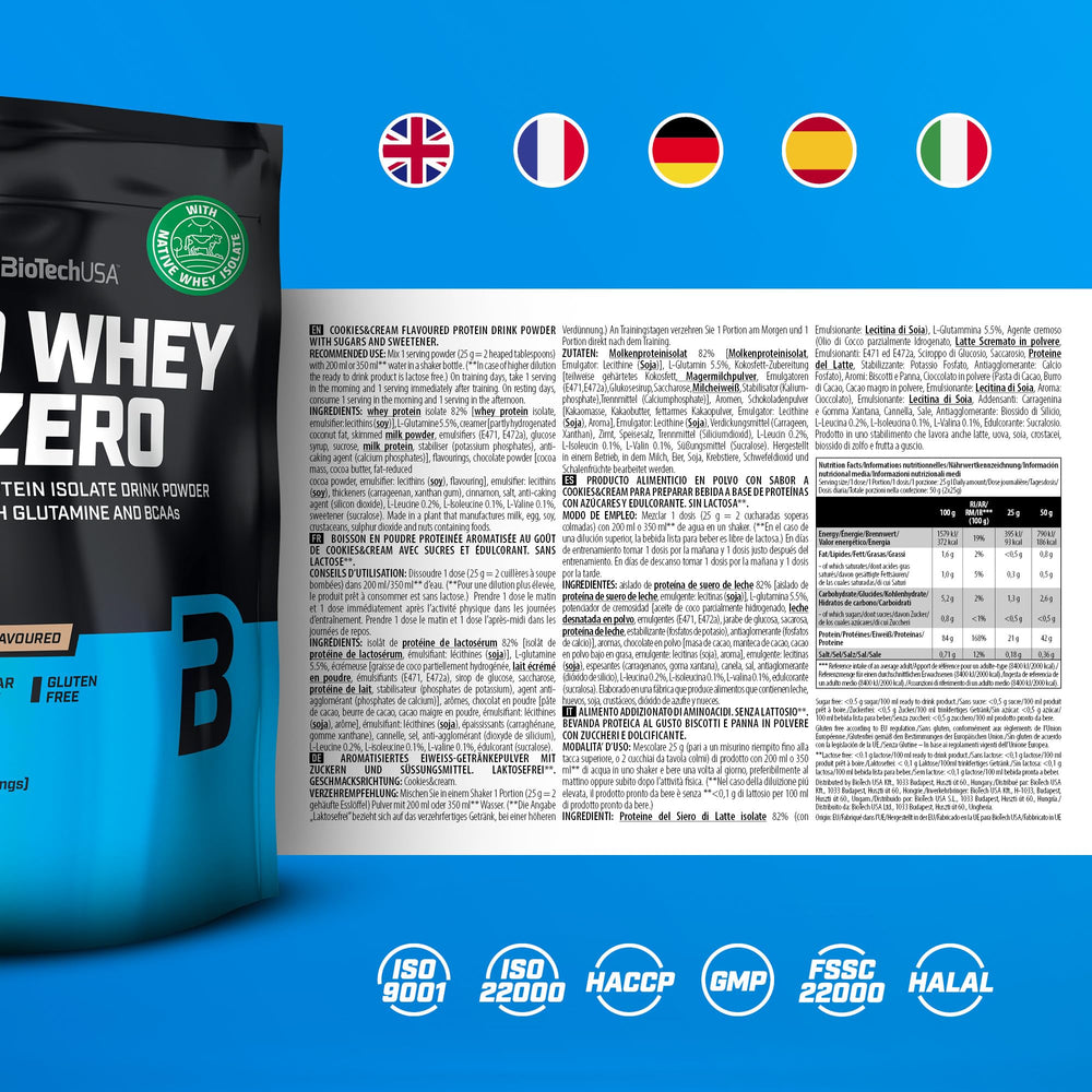 BioTechUSA Iso Whey Zero Cookies & Cream shake glass close-up.