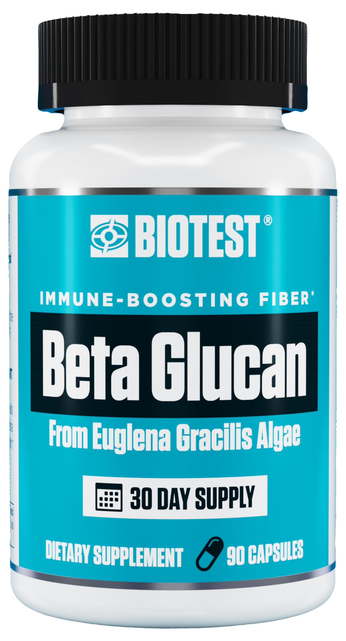 Biotest Beta-Glucan bottle close-up showing the 600 mg dose for immune support.