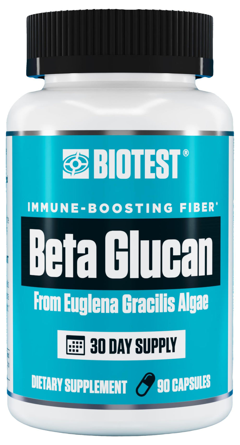 Biotest Beta-Glucan bottle close-up showing the 600 mg dose for immune support.