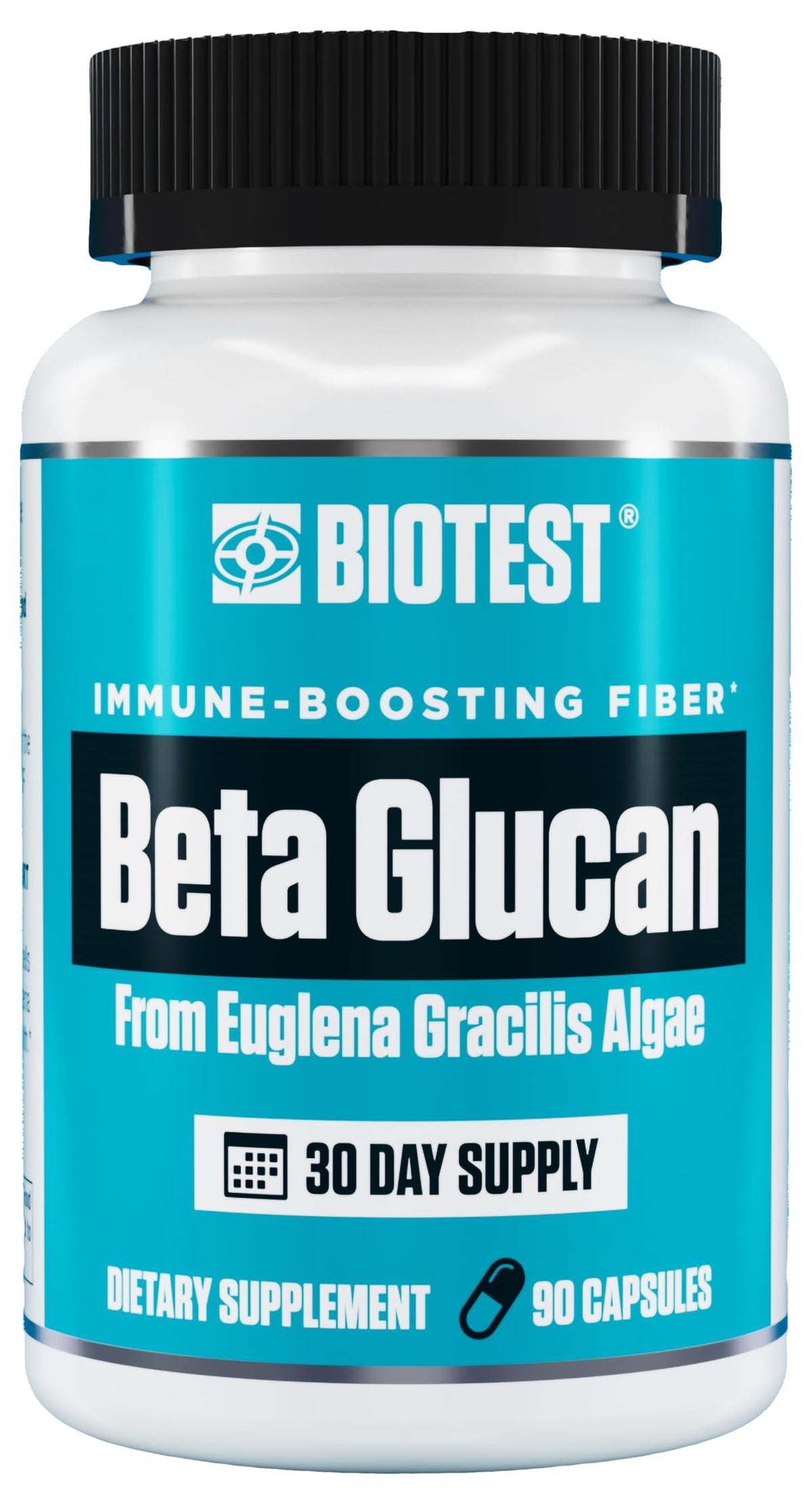 Biotest Beta-Glucan bottle close-up showing the 600 mg dose for immune support.