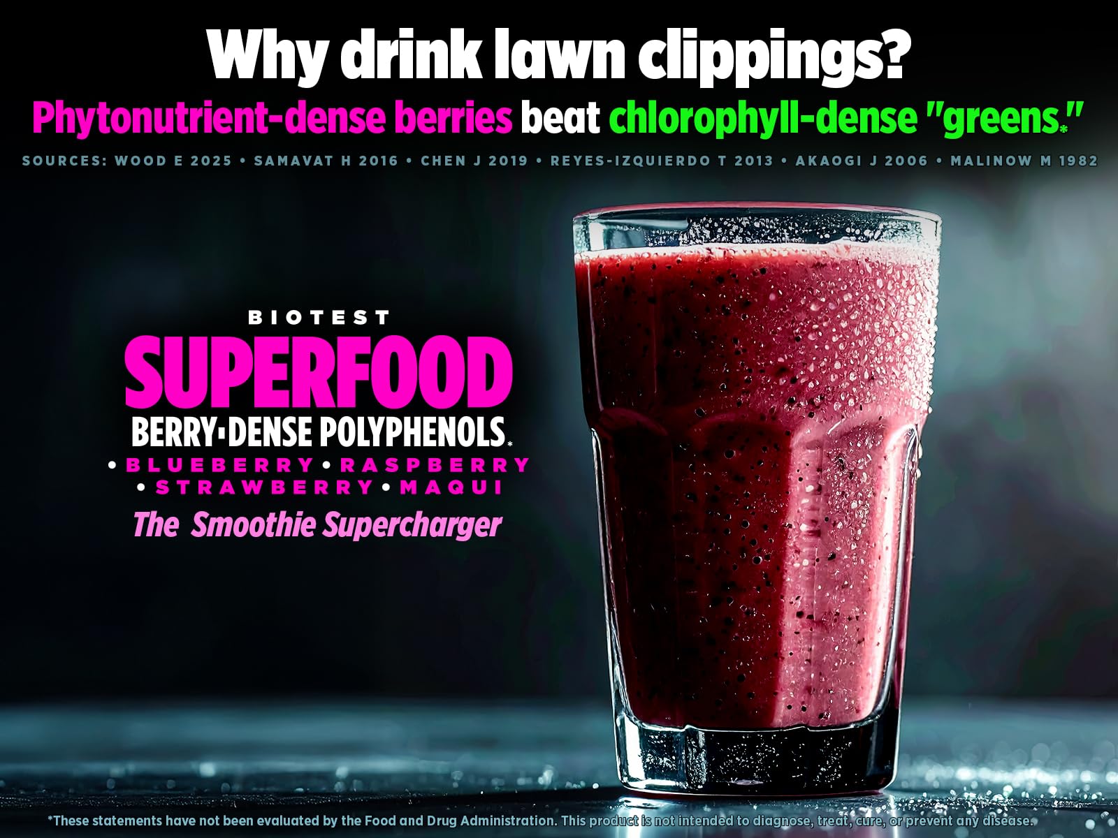 Blueberries highlighted in Biotest blend signaling natural berry polyphenols.