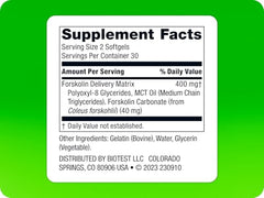 Biotest Carbolin-19 capsules inside bottle highlighting fat metabolism support.