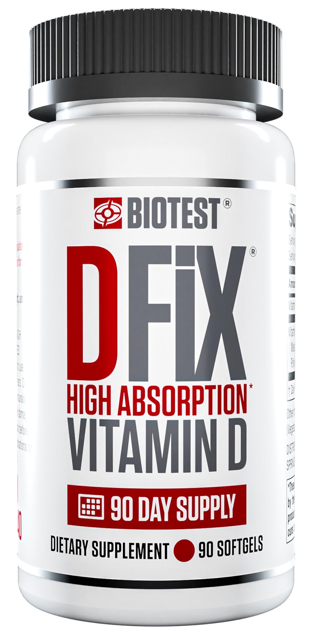 Biotest D Fix bottle front showing 90 softgels for daily vitamin D support.