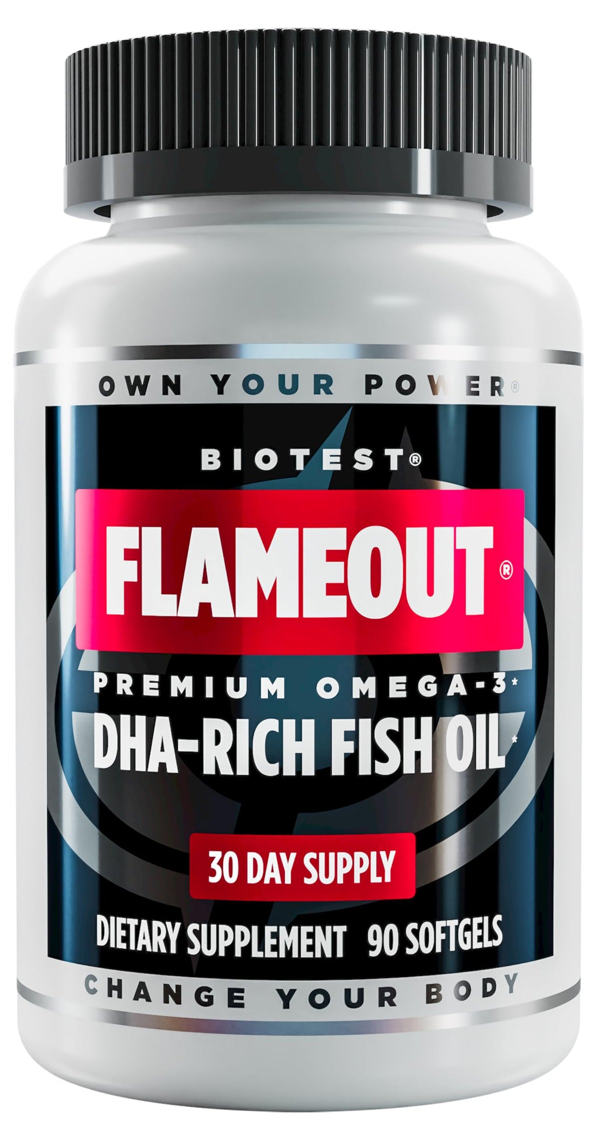 Biotest Flameout bottle close-up highlighting high-potency DHA/EPA for daily omega-3 support.