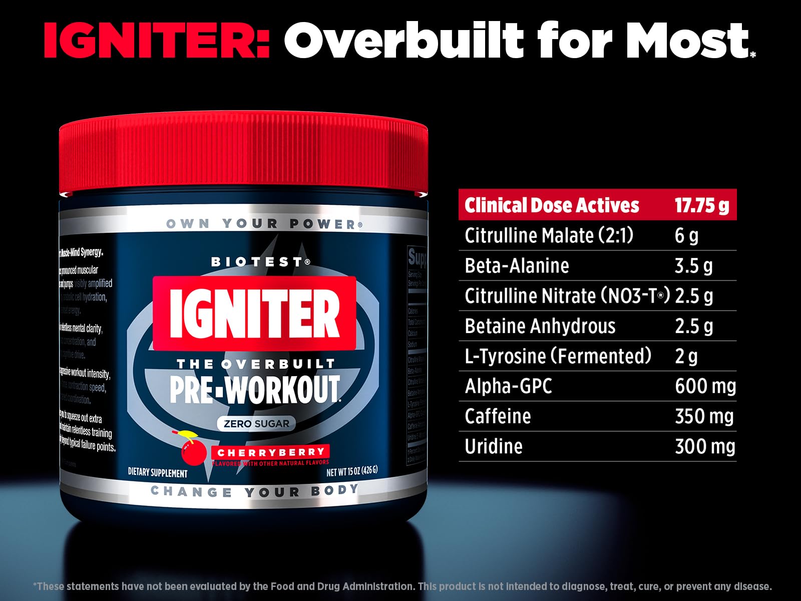 Biotest Igniter CherryBerry label close-up showing endurance-boosting ingredients.