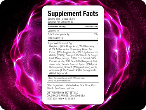 Biotest Superfood scoop beside powder, ready to blend into smoothies or yogurt bowls.