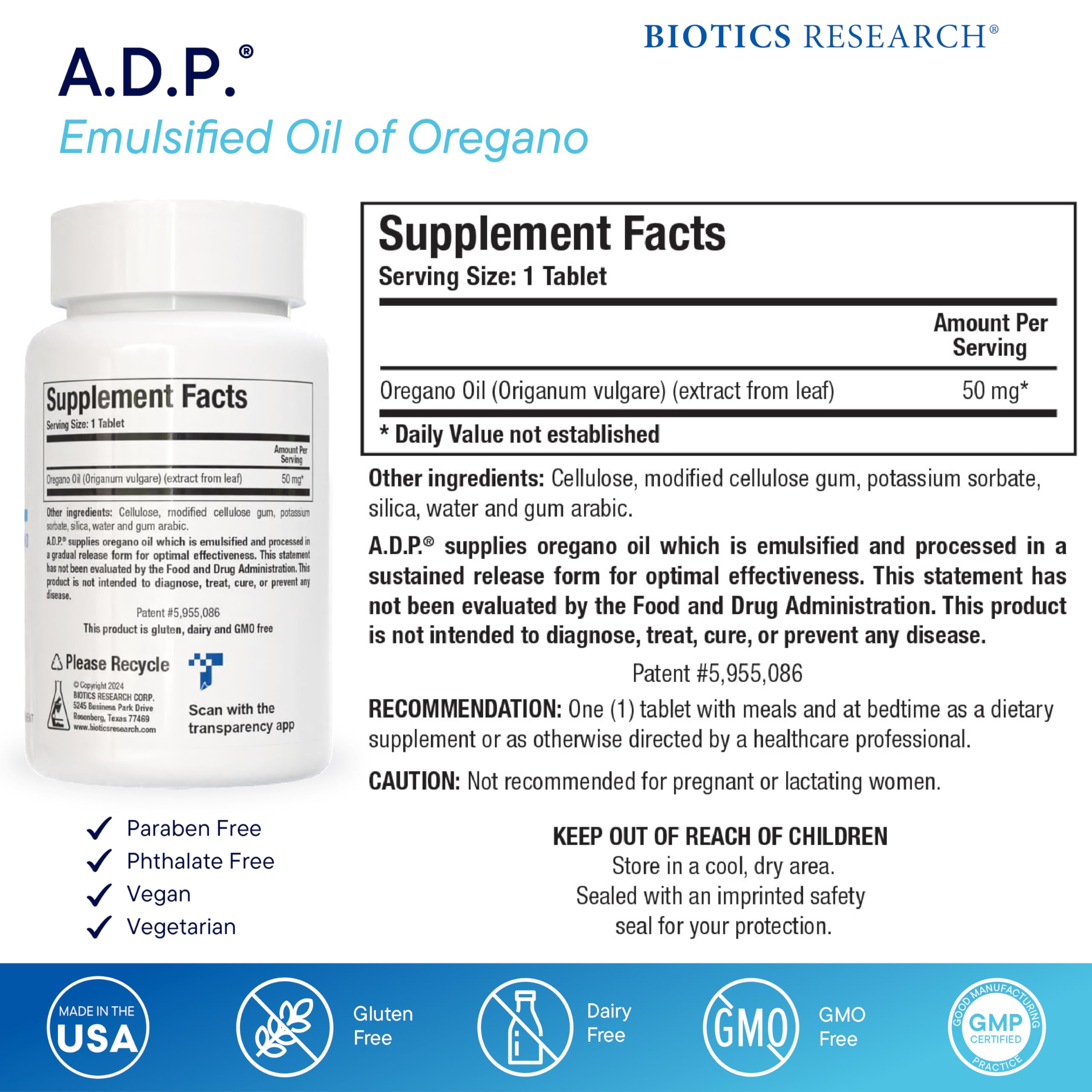 BIOTICS RESEARCH A.D.P. oregano tablets close-up highlights emulsified oil for gentle digestion.