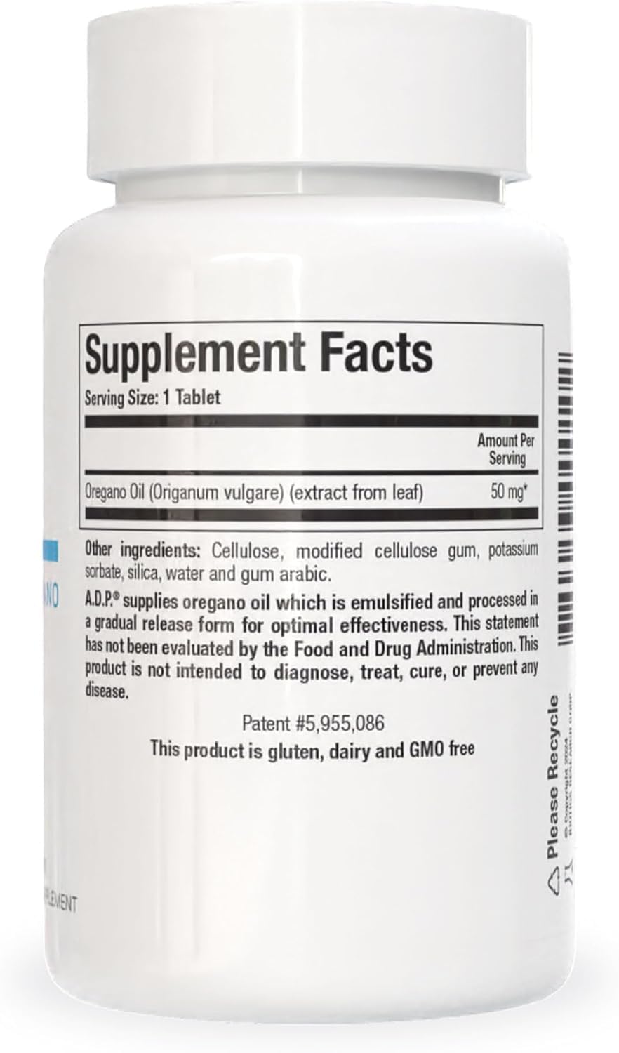 BIOTICS RESEARCH A.D.P. oregano tablets side view shows compact tablet form.