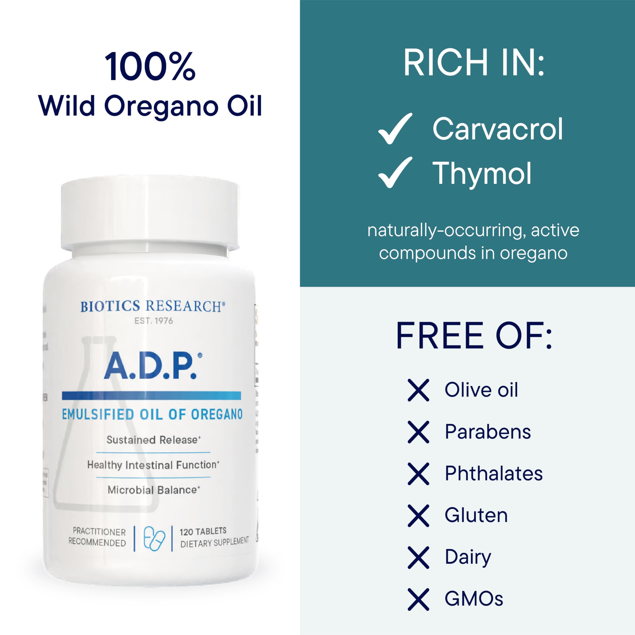 BIOTICS RESEARCH A.D.P. oregano tablets pour shot demonstrates easy dosing.