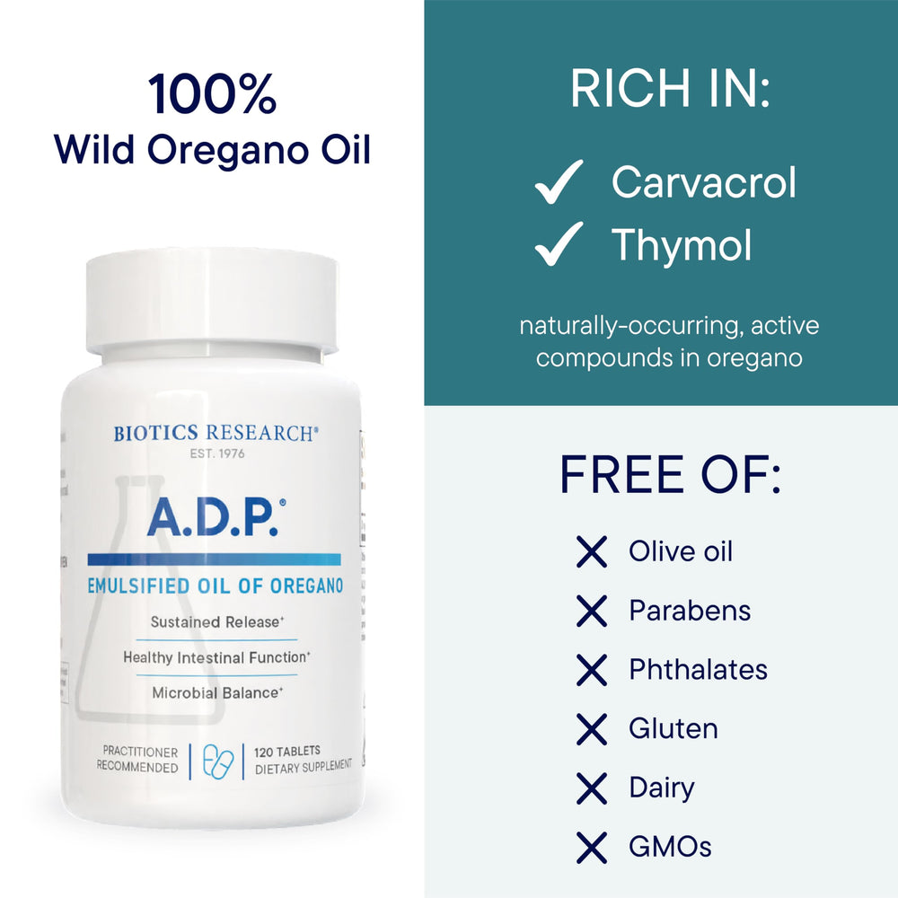 BIOTICS RESEARCH A.D.P. oregano tablets pour shot demonstrates easy dosing.