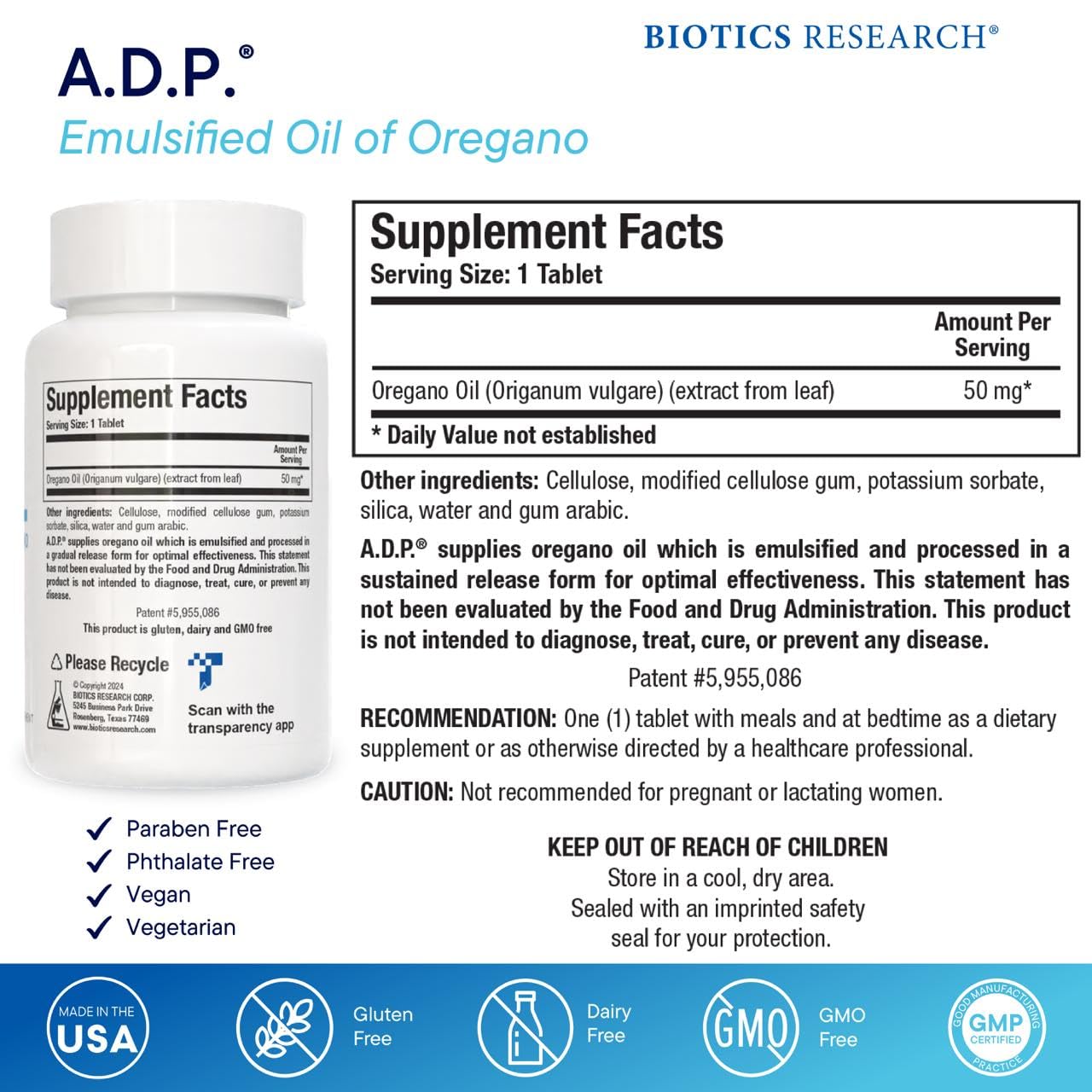 Biotics Research ADP oregano tablets being dispensed from bottle