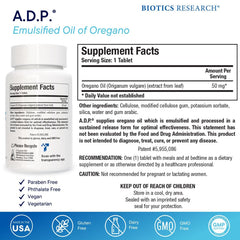 Biotics Research ADP oregano tablets being dispensed from bottle
