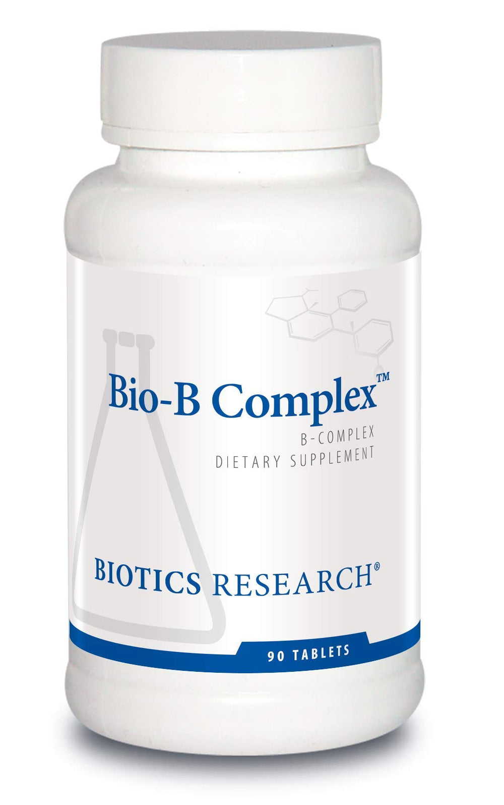 Biotics Research Bio B Complex bottle front highlighting high potency B vitamins for energy support.