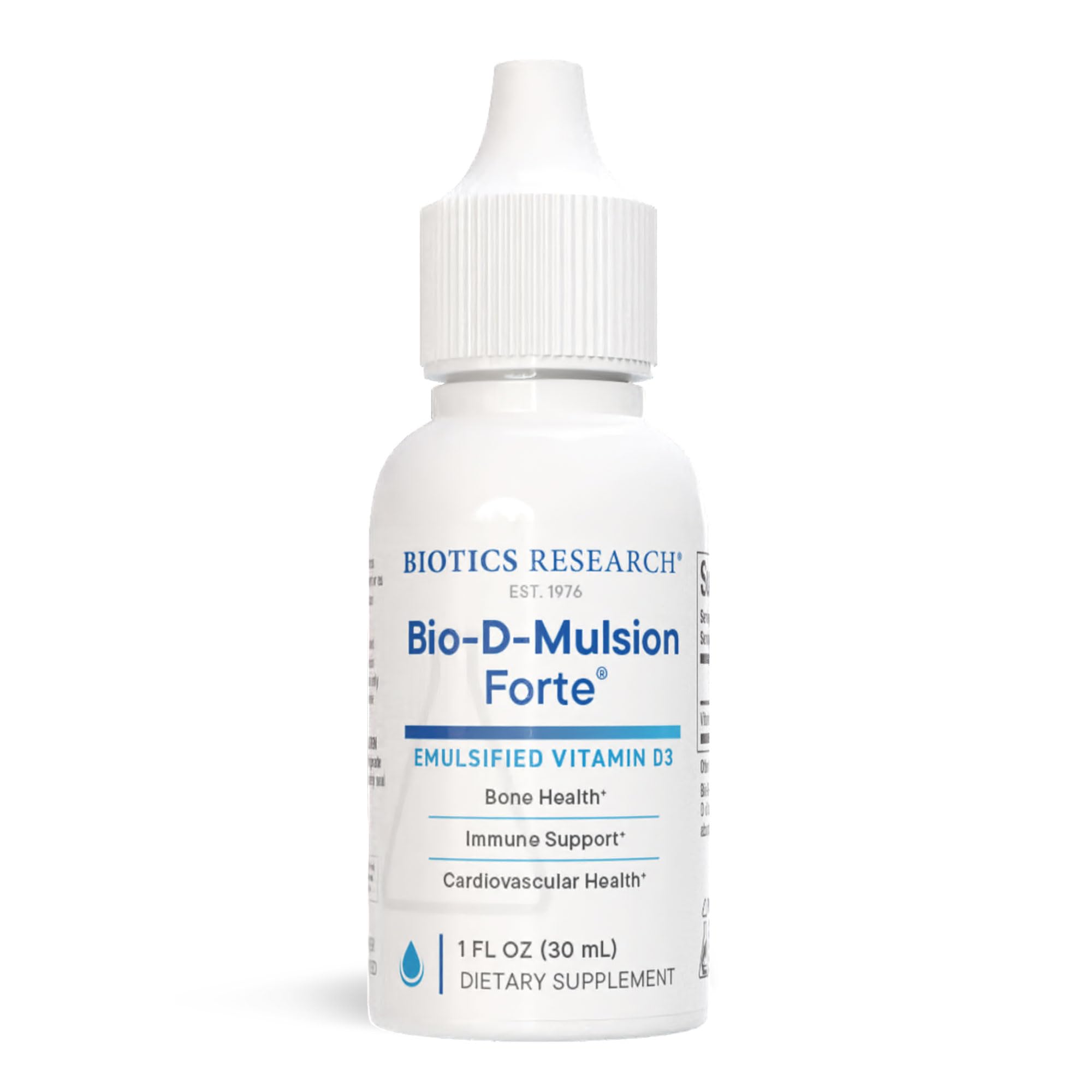 Biotics Research Bio-D-Mulsion Forte bottle front shows easy daily vitamin D drops and dose.