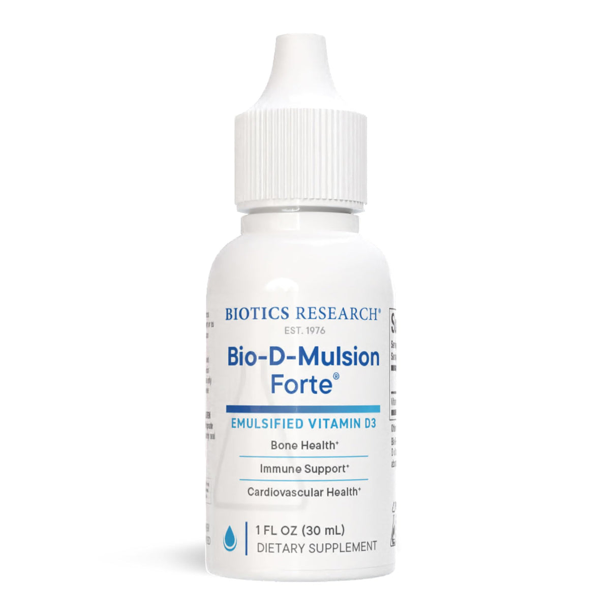 Biotics Research Bio-D-Mulsion Forte bottle front shows easy daily vitamin D drops and dose.