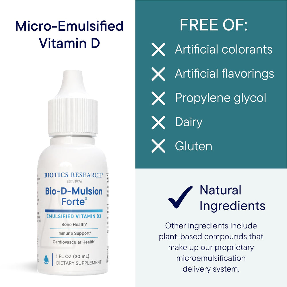 Biotics Research Bio-D-Mulsion Forte bottle on counter ready for daily use.