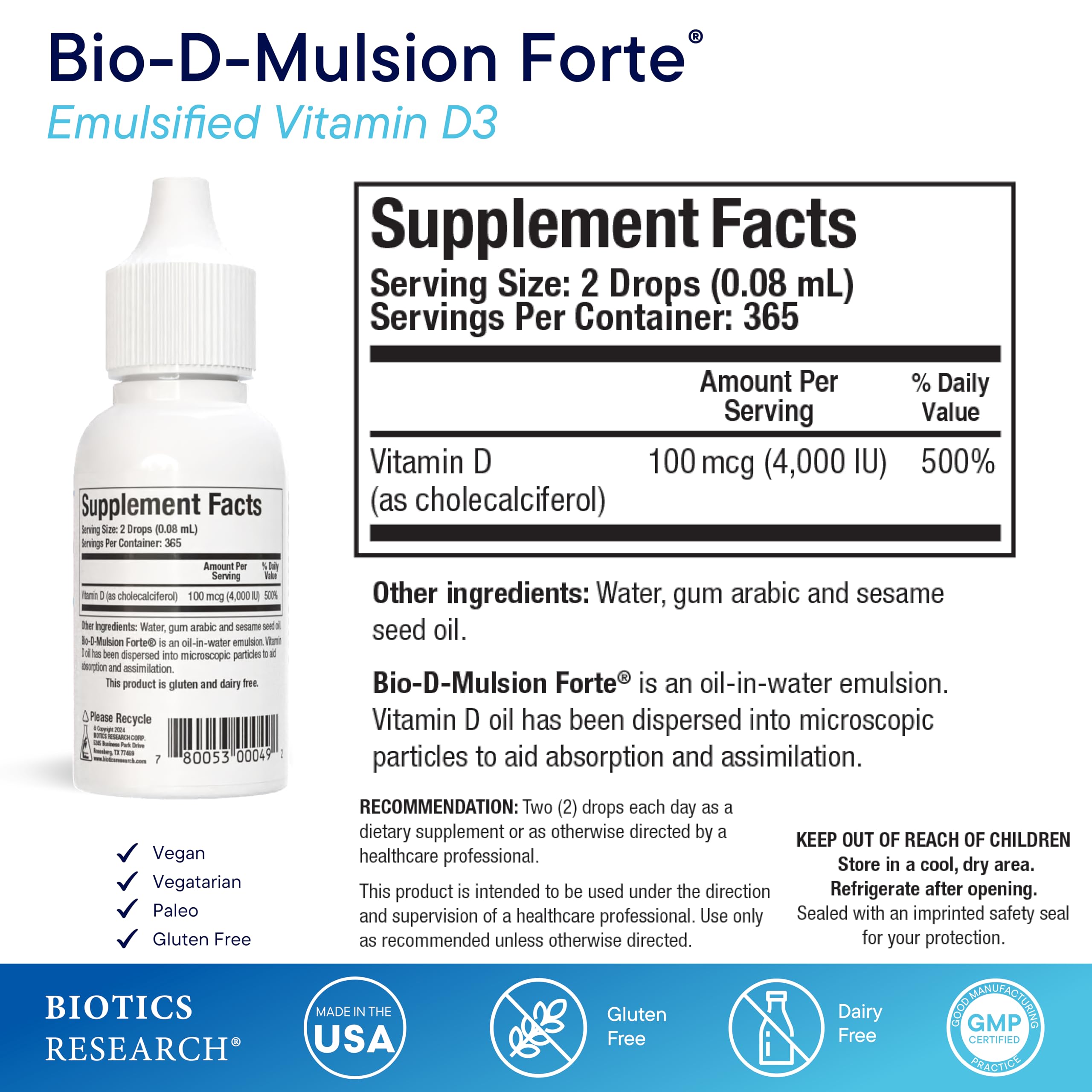 Biotics Research Bio-D-Mulsion Forte dropper in use highlights absorption and dosing.