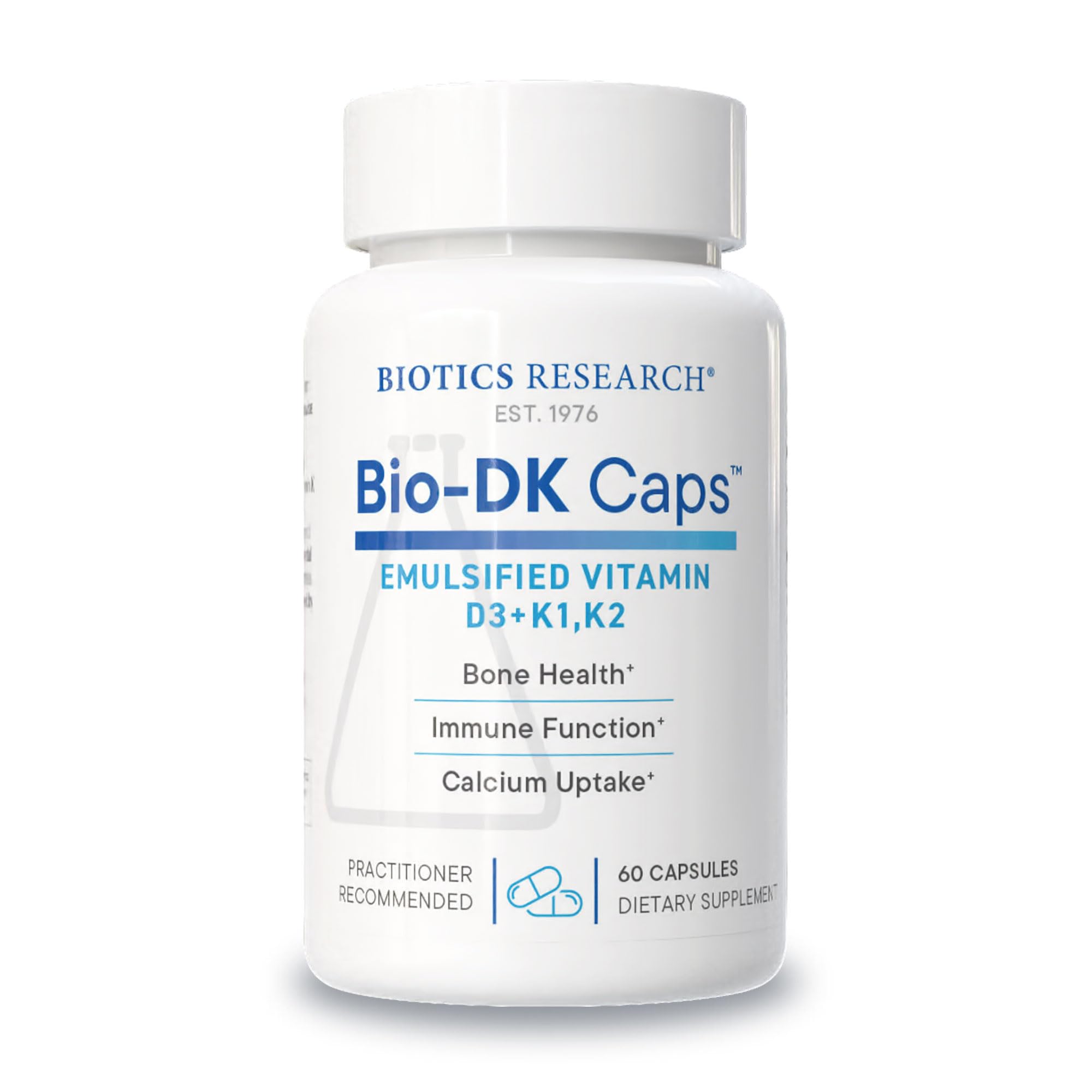 BIOTICS RESEARCH Bio-DK Caps bottle front highlights emulsified D3 and MK7 for absorption