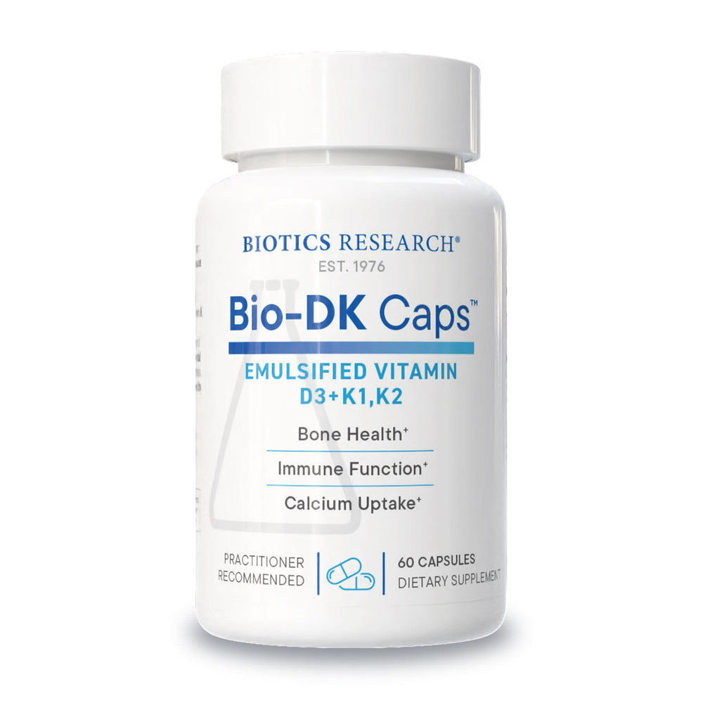 BIOTICS RESEARCH Bio-DK Caps bottle front highlights emulsified D3 and MK7 for absorption