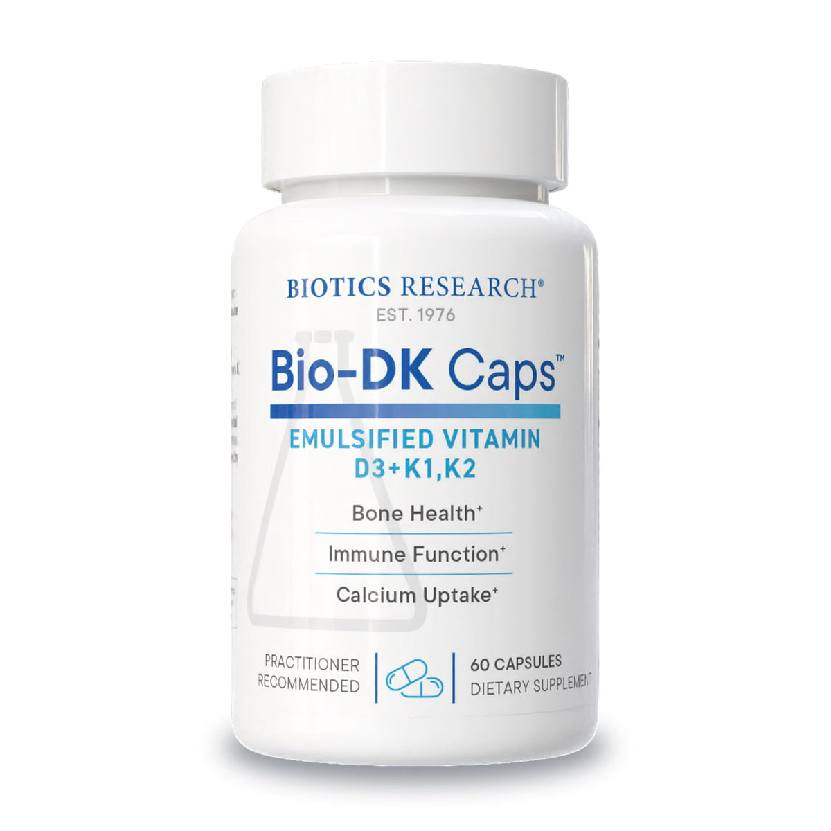 BIOTICS RESEARCH Bio-DK Caps bottle front highlights emulsified D3 and MK7 for absorption