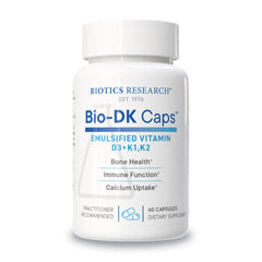 BIOTICS RESEARCH Bio-DK Caps bottle front highlights emulsified D3 and MK7 for absorption