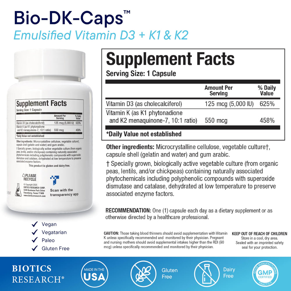 BIOTICS RESEARCH Bio-DK Caps bottle closeup shows label details and dosage information