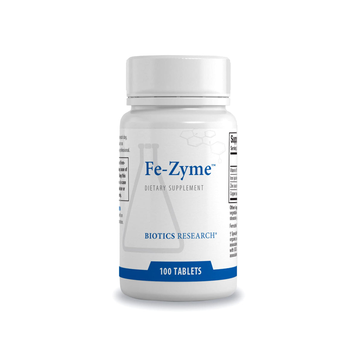 Biotics Research Fe-Zyme iron tablet on white background supports normal red blood cell function.