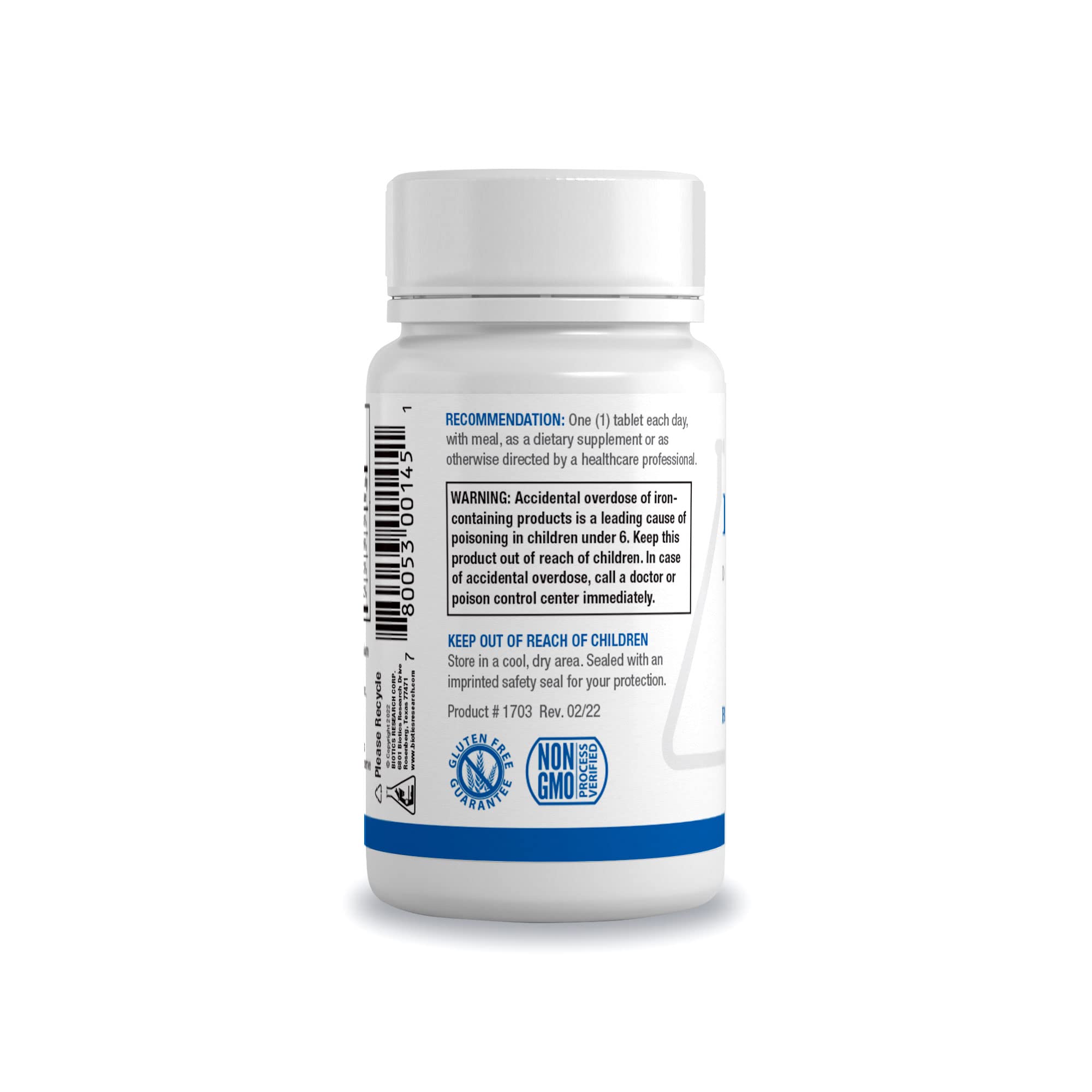 Biotics Research Fe-Zyme bottle highlighting added zinc and copper for mineral balance.
