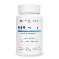 Biotics Research GTA Forte II bottle showing easy-to-swallow capsules for endocrine support
