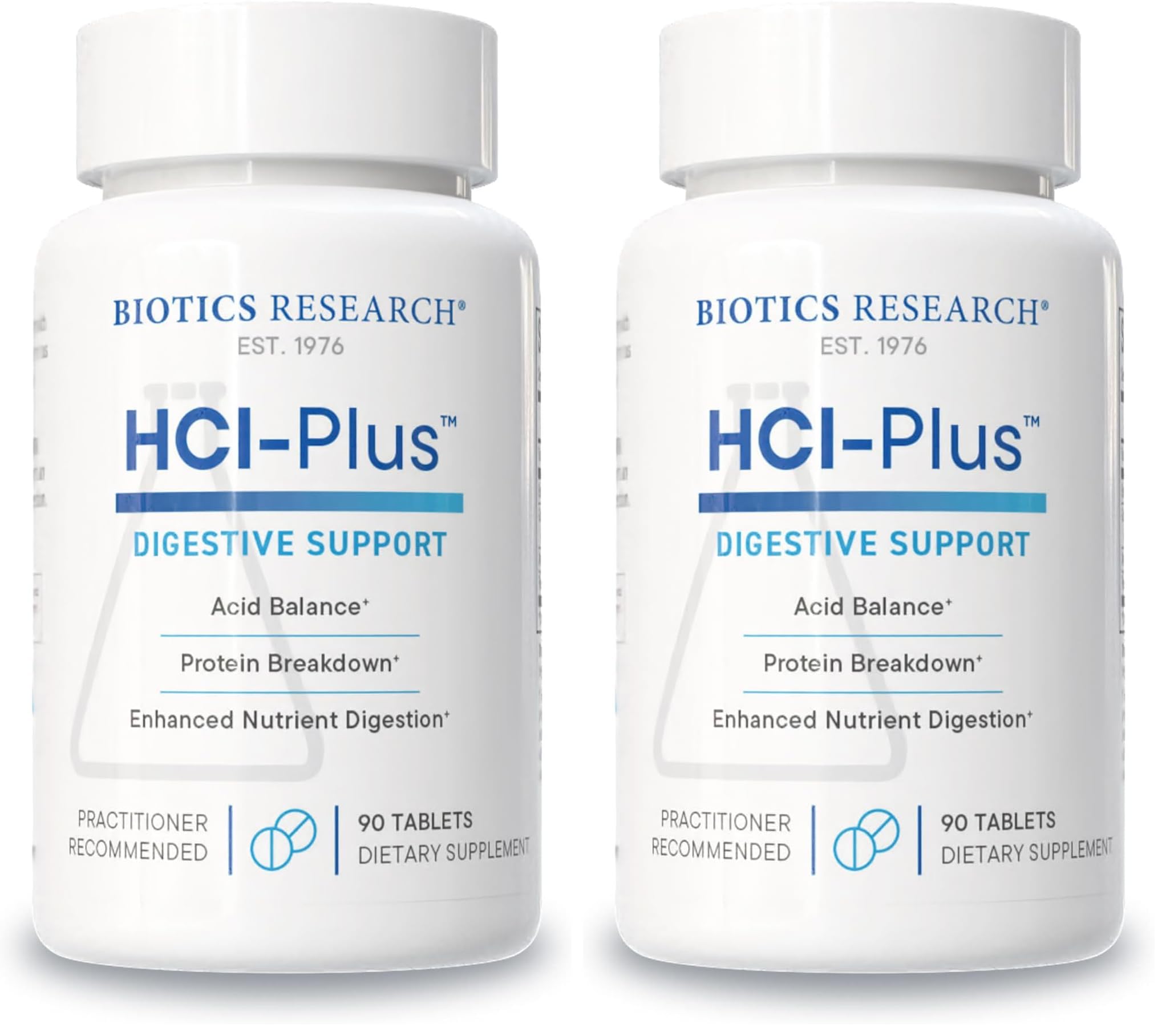 Biotics Research HCl Plus bottle front, signaling digestive support in a clean label.