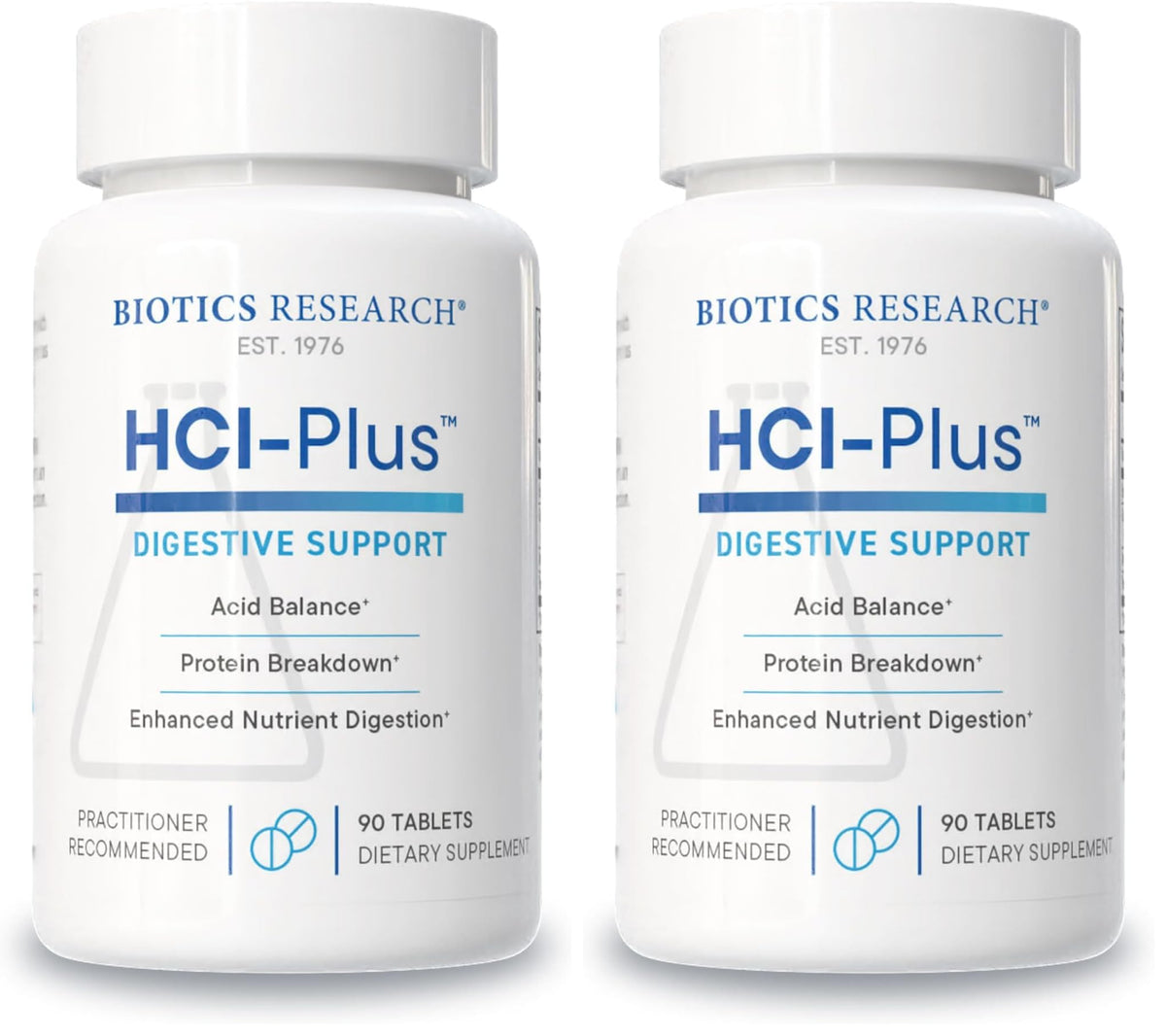 Biotics Research HCl Plus bottle front, signaling digestive support in a clean label.