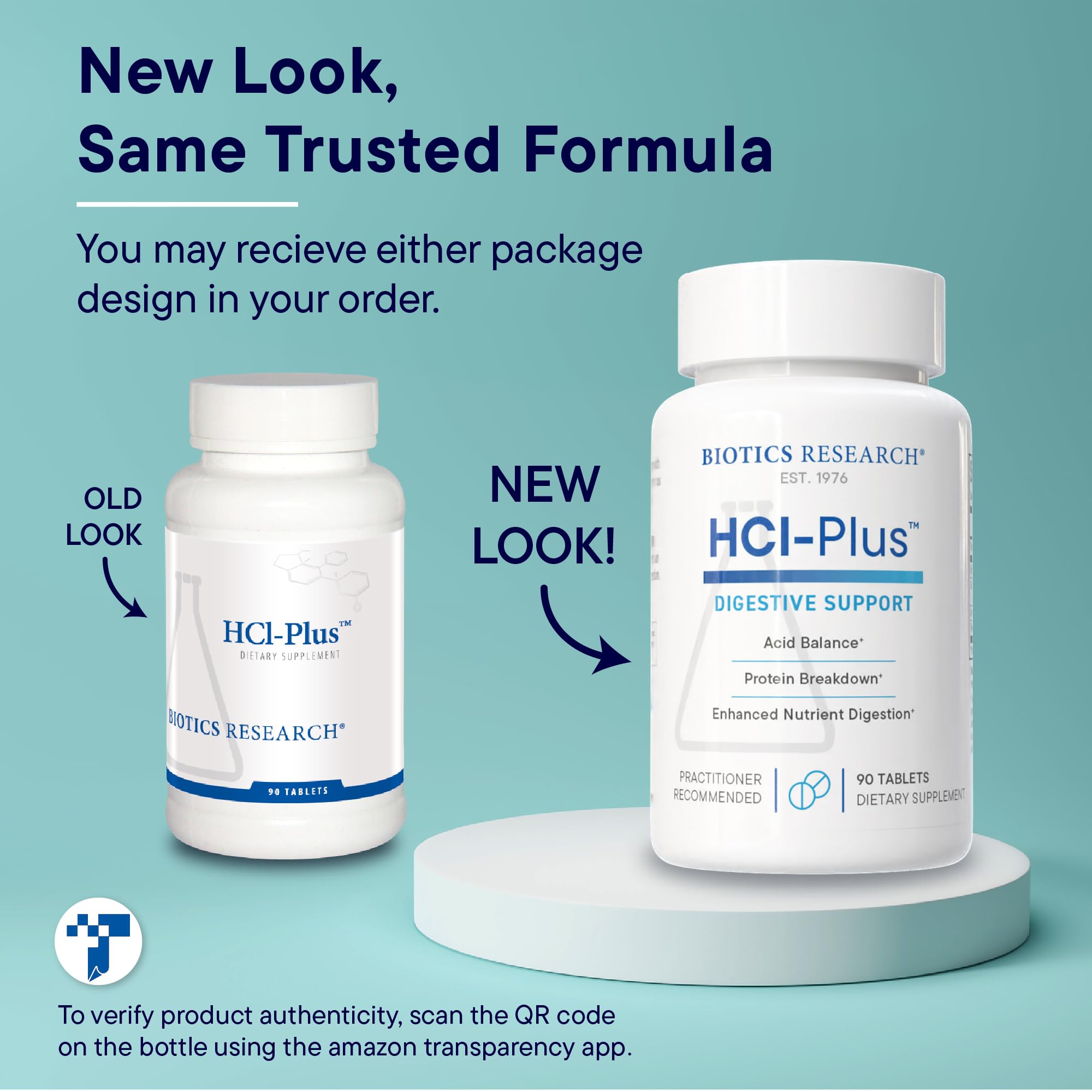 Biotics Research HCl Plus label detail emphasizes betaine HCl and pepsin.