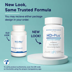 Biotics Research HCl Plus label detail emphasizes betaine HCl and pepsin.