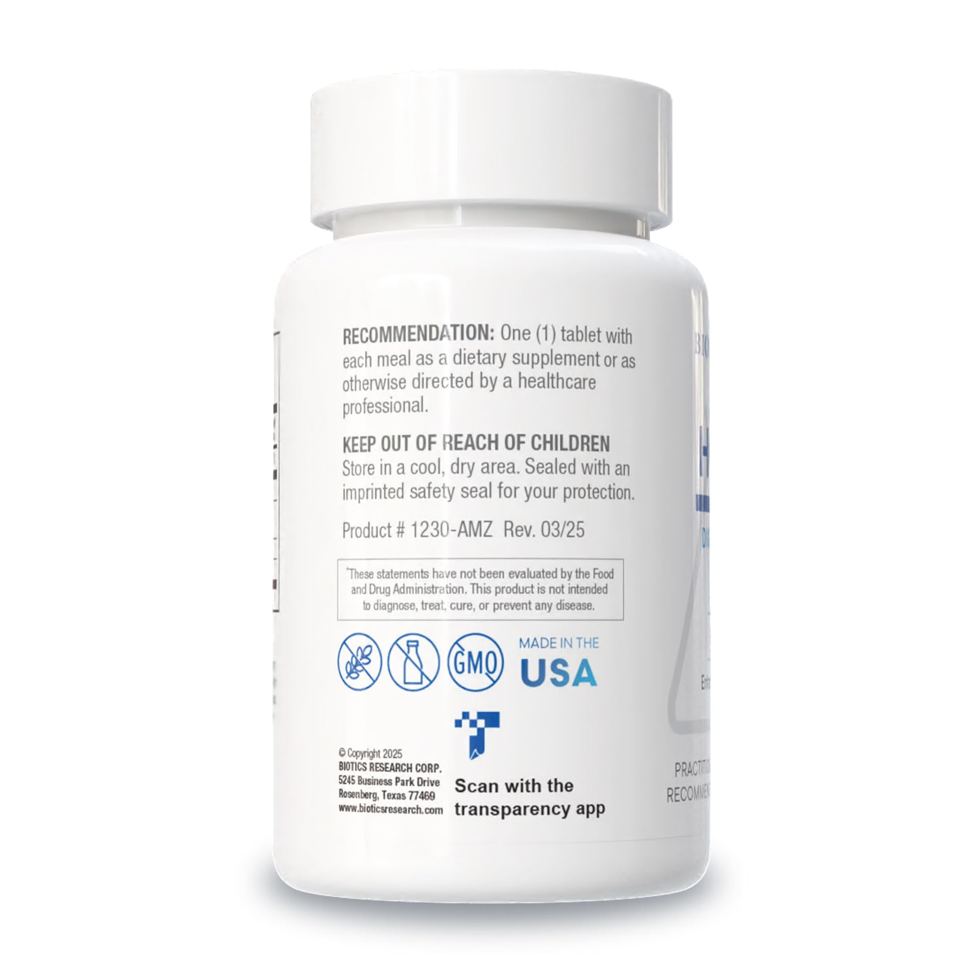 Biotics Research HCl Plus pills closeup shows compact tablets for digestion support.