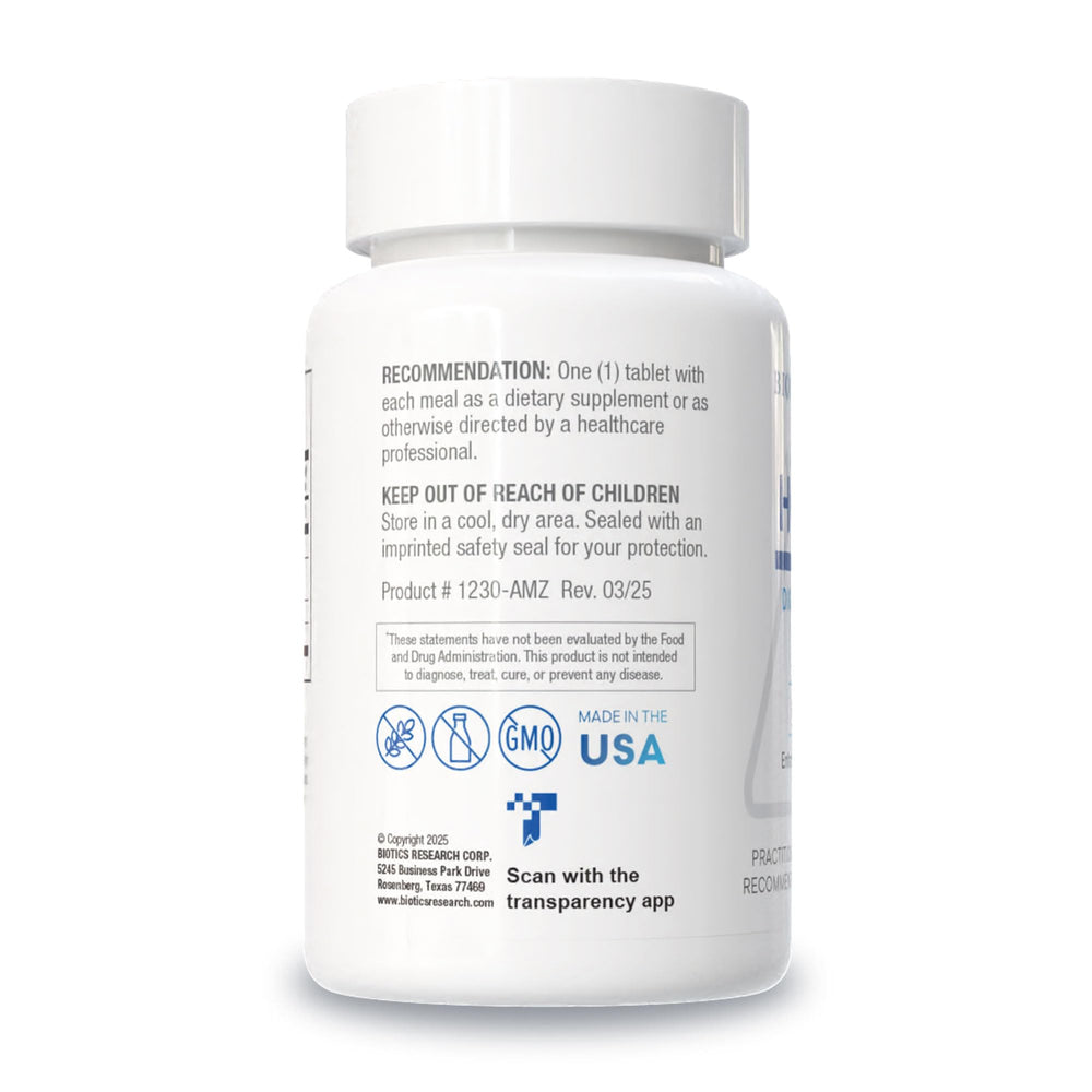 Biotics Research HCl Plus pills closeup shows compact tablets for digestion support.