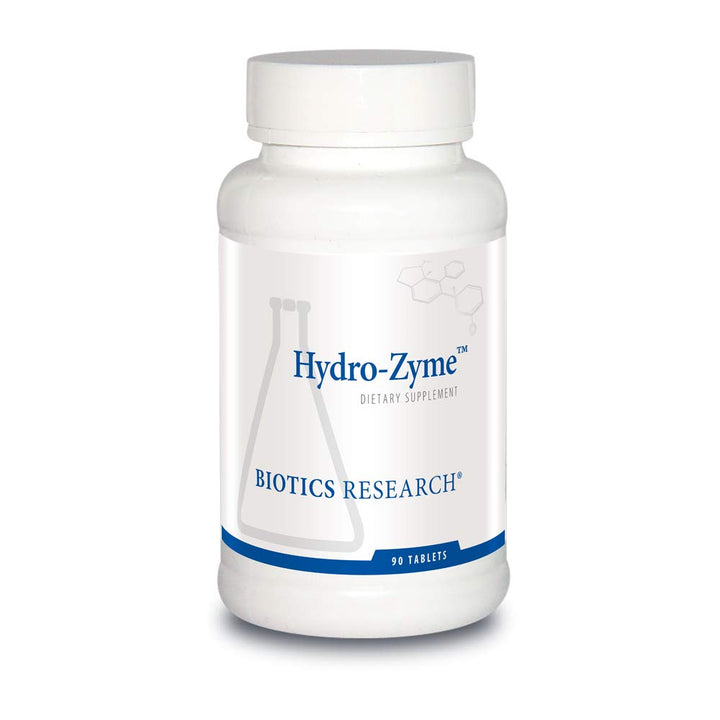 Biotics Research Hydro-Zyme bottle highlighting ingredients for digestion support.