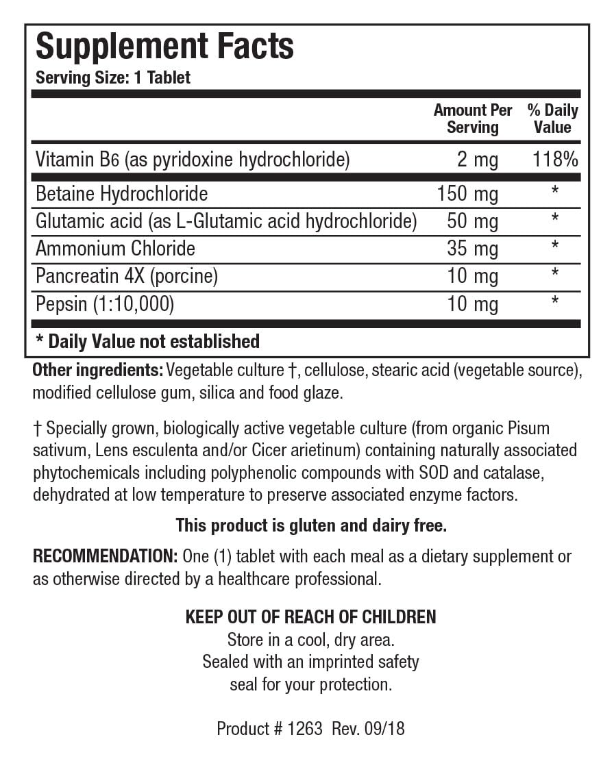 Hydro Zyme label highlights enzymes and betaine HCL for digestion support.